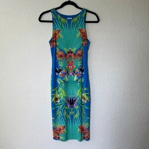 Vintage Y2K Cache Dress XS Bodycon Tropical Stretch Maximalism Going Out Resort